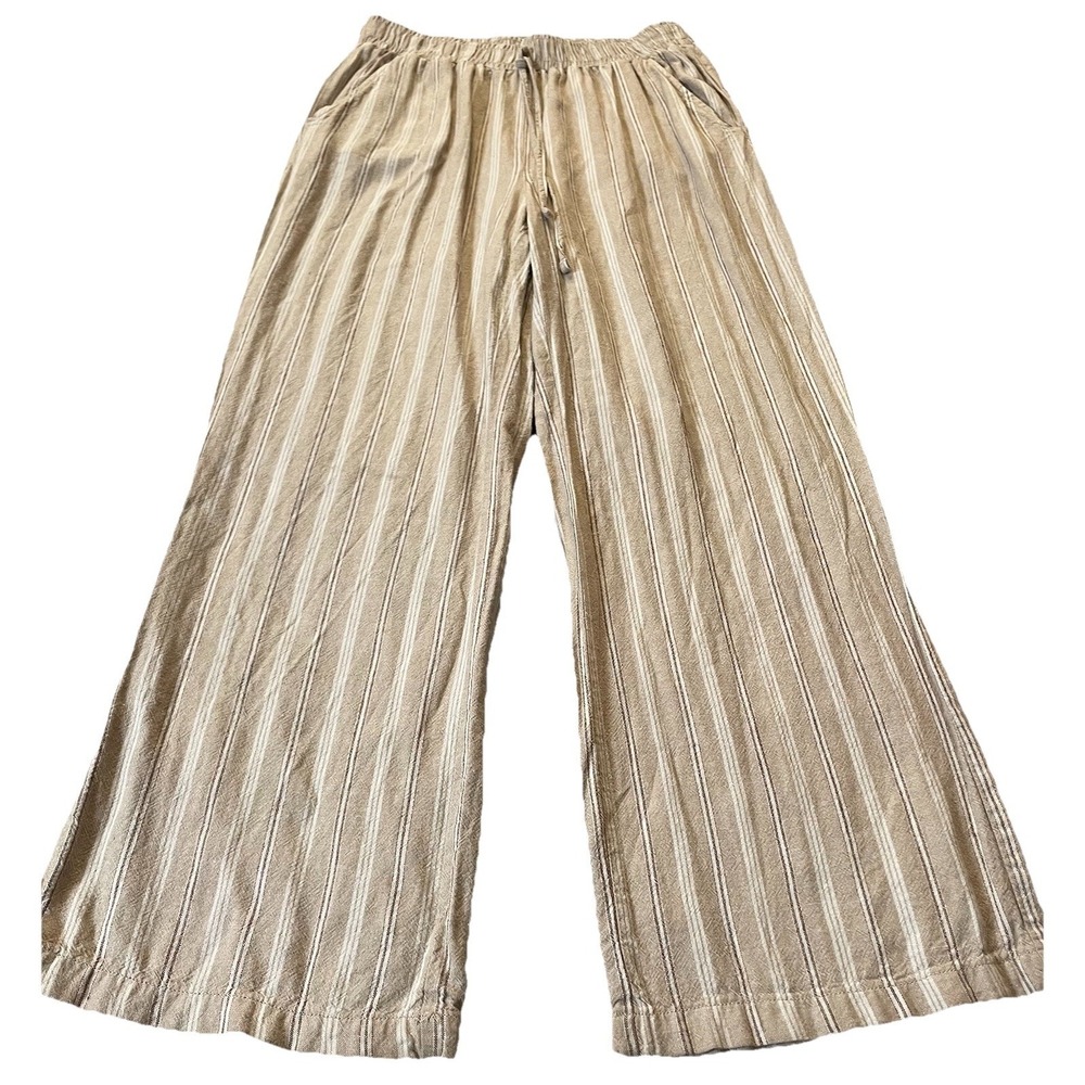 Briggs Linen Blend Wide Leg Pants Sz 10 Beige Stripes Pull On Lounge Beach